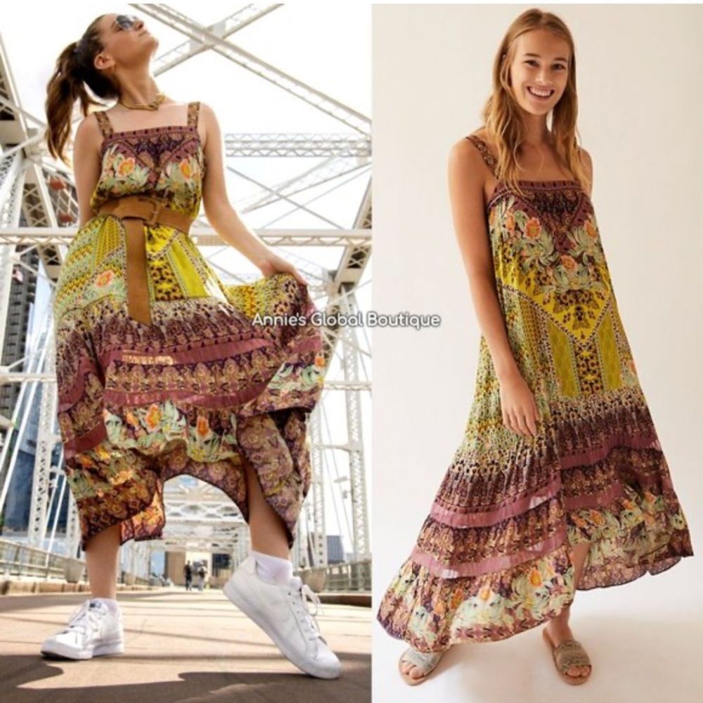 Anthropologie Floral-Print Maxi Dress in Yellow and Mauve Size Small